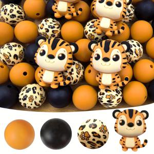 TEMU 소형 호랑이 모양의 실리콘 비즈 30개 세트. 발자국 패턴, 가을/겨울용 블랙 & 오렌지 색상 디자인. 주얼리 장식에 적합하며 귀걸이, 목걸이, 가방 체인, 휴대폰 참으로 사용 가능.