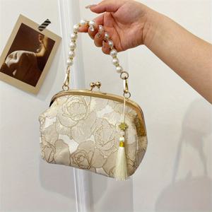 TEMU 우아한 중국풍 플로럴 & 골드톤 여성용 변신 핸드백 - 탈착 가능한 체인 스트랩, 태슬 디테일, 턴락 클로저, 나일론 폴리에스터 안감 (핑크 & 골드), 귀여운 퍼스