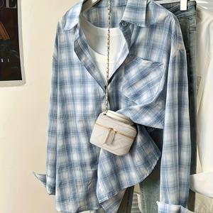 TEMU 레트로 블루 체크 휠베이커, 고급 패션 루즈 캐주얼 디자인 긴팔 셔츠