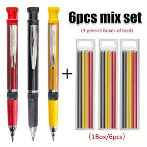 TEMU 6개 세트 전문가용 메탈 기계 목공 연필 - 삼색 흑연심 (2B, 2.8mm), 리트랙터블 디자인, 인체공학적 그립, 가죽 케이스 및 심지 포함, 건축 설계, 정밀 도면, 목공 도구 및 액세서리, 내구성 강화, DIY 애호가를 위한 깊은 구멍 표시