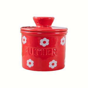 TEMU 1pc YUMIPLUS 세라믹 프랑스 버터 디시드와 뚜껑 - 레드 플로럴 디자인, 부드럽고 쉽게 적용되는 버터, 카운터탑 사용에 이상적, 완벽한 휴일 선물, 버터 디시드
