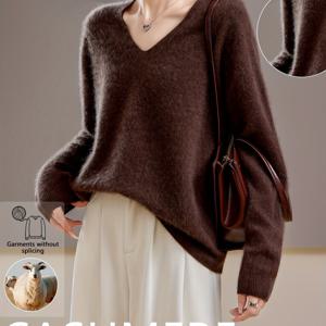 TEMU 여성용 V넥 캐시미어+울 스웨터 | 캐주얼 스타일, 단색, 긴소매, 가을/겨울 컬렉션, Dawn Mountain Glory