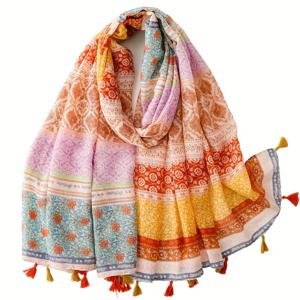 TEMU 여성용 스카프, 사계절용 따뜻한 스카프, 부드럽고 가벼운 베이지 친화적, 플로럴 기하학적 컬러 블록, , 문학적, 출퇴근 스타일, 자연스러운 톤, 오버사이즈 롱 디자인 태슬 포함, 숄, 랩, 레이어링, 여행용 액세서리 숄, 무슬림 헤드스카프