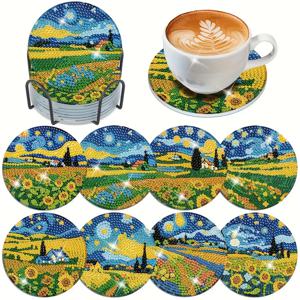 TEMU 8피스 반 고흐 별이 빛나는 하늘 아래 DIY 페인팅 코스터 세트, 홈 장식용 코스터, 아크릴 로 만든 수제 작품, 초보자 친화적 연습 키트, 보관 스탠드 포함, 내열 테이블 매트, 커피 애호가를 위한 축제 선물