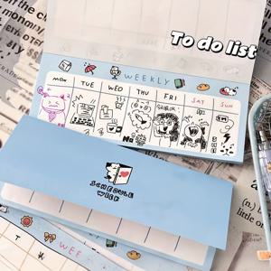TEMU 카툰 소와 고양이 일일 주간 플래너 노트패드, 자기관리 체크인 스케줄, 업무 및 학습 계획 티어오프 노트패드, 4가지 내부 페이지 패턴 회전, 책당 52장