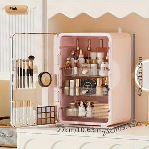TEMU 접이식 화장품 정리함, 두껍고 튼튼한 플라스틱 제작 - 욕실 세면대, 침대 옆 탁자에 적합한 휴대용 메이크업 수납장, 크림 화이트/화이트/핑크/다크 그레이, 공간 절약형 접이식 디자인, 컴팩트 메이크업 케이스, 향수 정리함