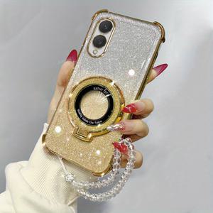 TEMU 휴대폰 케이스 - 휴대폰 케이스 - 충격 방지 및 고급스러움, 삼성 갤럭시 S25 엣지용 두꺼운 글리터 카드 휴대폰 케이스는 4개의 강화된 모서리, 마그네틱 브래킷 및 투명 비즈 핸드 스트랩을 특징으로 하며, 부드러운 TPU 백 커버로 전체적으로 포장되어 있습니다.