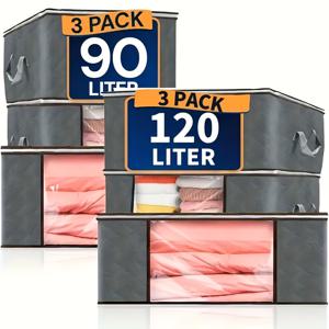 TEMU 6개 옷장 정리 가방 및 수납 상자 세트, 90L 대용량 가방 3개 및 120L 특대형 투명 수납 가방 3개 포함, 지퍼 잠금, 손잡이가 있는 접이식 수납 용기 (블랭킷, 옷, 침대 밑 수납에 적합)