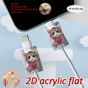 TEMU 2D 아크릴 플랫 2pcs 귀여운 고양이 패턴 케이블 보호 커버, 내구성 강화, Type-C//아이폰 호환, 스타일리시한 충전 케이블 커버, 크리스마스 선물