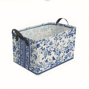 TEMU 손잡이가 있는 직사각형 빨래바구니, 블루 플로럴 프린트 접이식 폴리에스터 수납함, 옷·장난감 정리용 장식 바구니, 홈 & 오피스 용품 및 휴일 선물, 선반 바구니