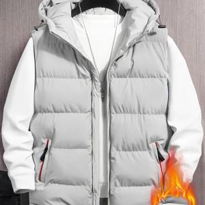 TEMU 남성용 캐주얼 후드 조끼 | 방풍 및 방한 기능성, 단색 포켓, 레귤러 핏, 섬유