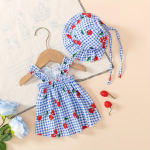 TEMU 강아지와 고양이, 체리 프린트 클래식 체크무늬 후드 강아지 드레스