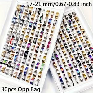 TEMU 할인점 30개/봉투 여성용 패셔너블 스태킹 반지 (빈티지 우아한 스타일, 스테인리스 스틸 재질), 골드 및 실버 색상. 남녀 공용 링은 다양한 스타일의 기하학적 디자인으로 랜덤으로 배송됩니다.