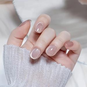 TEMU KJS046 - 핑크 새틴 스타버스트 웨어러블 네일 10개 세트, 반짝이는 누드 메이크업, 모던 스타일 고품질 핸드메이드 매니큐어