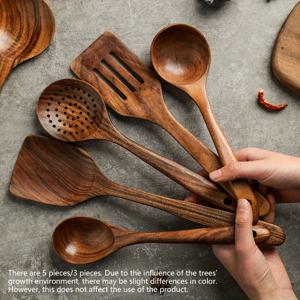 TEMU 3/5피스 나무 요리용 숟가락 세트, 웍 터너 포함, 천연 티크우드 주방 도구 - 스패츌러, 스키머, 수프 레이들 키트, 크리스마스에 최고, 추수감사절에 완벽