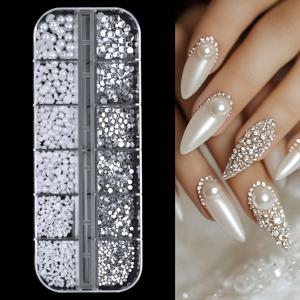 TEMU 3D 네일 아트용 반원형 진주 카비어 메탈 비즈 세트 (투명 라인스톤 및 화이트 진주 포함), 네일 참 주얼리 및 매니큐어 디자인 추가에 적합