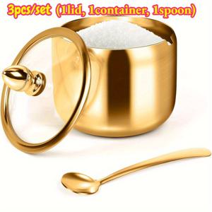 TEMU 3개/세트(뚜껑 1개, 용기 1개, 스푼 1개) 골든 스테인리스 스틸 양념 보관 세트, 30가지 용도, 투명 유리 뚜껑 및 스푼 포함, 식기세척기 사용 가능, 넓은 입구, 다목적 양념 디스펜서, 커피 바 및 주방 정리에 적합|식기세척기|식기세척기