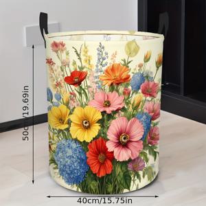 TEMU 1개 플로럴 빈티지 패턴 접이식 세탁 바구니, 원형 옷장 및 잡화 보관함, 욕실 및 침실용 컴팩트 룸 정리함, 가벼운 홈 데코 세탁 홀더, 세탁 바구니