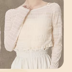 TEMU 여성용 미스트 반투명 발레 연습용 탑, 성인용 시스루 소매 댄스웨어, 에어컨 실내용 숏 플리츠 긴소매 탑, 캐미솔 또는 레오타드와 레이어링 가능한 가벼운 아우터웨어|반팔니트|라인댄스복|댄스복