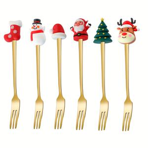 TEMU 6개 스테인리스 스틸 크리스마스 디저트 포크 세트 - 디저트 과일 , 케이크 포크, 크리스마스 샐러드 포크 세트와 실리콘 과일 포크, 재사용 가능한 식품 포크, 장식용 - 크리스마스 파티 용품 선물