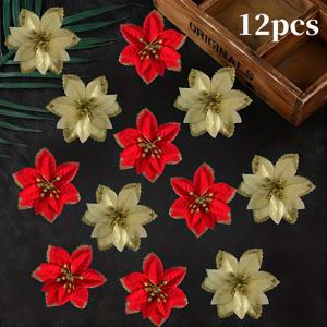TEMU 12개 세트 샴페인 골드 & 레드 반짝이는 인공 포인세티아 꽃 - 리얼리스틱 3.9인치 크리스마스 트리 장식, DIY 화환, 플라스틱 포인세티아, 웨딩, 파티용 (관리 불필요)