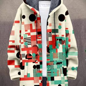 TEMU 레트로 기하학 아트 디자인 패턴 3D 프린트 패셔너블 남성용 플러시 가디건 두꺼운 겨울 캐주얼 따뜻한 지퍼업 후드 재킷
