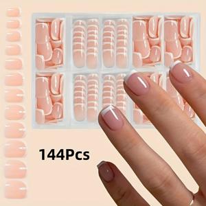 TEMU 144피스 숏 스퀘어 프레스온 네일, 핑크 프렌치 팁 소프트 젤 팁, 3-in-1 코팅 프리코팅 프라이머 & 베이스, DIY 내구성 있는 착용형 인조네일 12사이즈