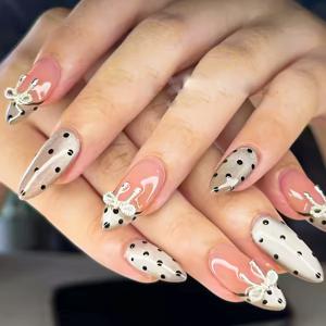 TEMU 실버 브라운 폴카 도트, 리본과 라인스톤 장식이 있는 손으로 만든 아몬드 모양 네일 팁 10개 세트. 반짝이는 고양이 눈 효과, 재사용 가능한 정교한 아트 네일로 결혼식, 데일리, 할로윈 네일 아트에 적합합니다.