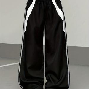 TEMU 우아한 디렉셔널 여성 패션 힙합 스웨트팬츠, 블랙 앤 화이트 컬러 블록 트라우저, 탄성 허리 밴드 및 사이드 , 캐주얼 팬츠, 헤어름 조거|냉장고바지|바지