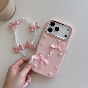 TEMU 귀여운 소녀용 핸드메이드 진주 리본 폰 케이스 & 매칭 팔찌, 아이폰 11 12 13 17 프로 맥스 호환