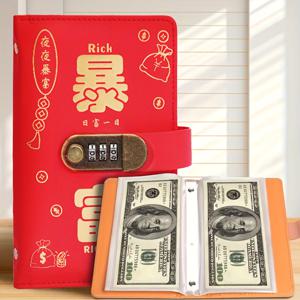 TEMU QS A6 PU 가죽 저축 노트 (비밀번호 잠금 기능), 대용량 챌린지 노트, 예산 관리 및 현금 예산 바인더, 직사각형 디자인, 100장 수납 가능