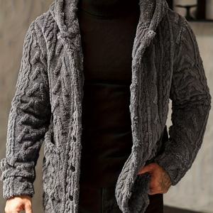 TEMU 남성 솔리드 컬러 후드 재킷, 가을/겨울 외출에 적합, 남성 플러시 가디건, 남성 스노우 스타일 후드 가디건, 남성 테디 플리스 가디건