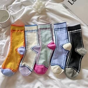 TEMU 여성용 컬러풀 라인 삭스 5켤레, 미드 카프 스타일, 한국 패션, 트렌디하고 스타일리시한 스포츠 양말, 단색