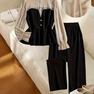 TEMU 이 세트에는 러플 헴과 스탠드 칼라가 있는 반투명 긴팔 셔츠와 가볍고 단색의 와이드 레그 팬츠가 포함되어 있습니다. 스타일리시한 룩을 연출하고 봄, 가을 외출에 적합합니다.