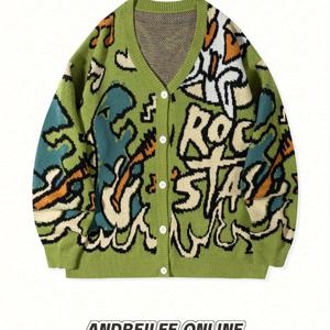 TEMU 남성용 공룡 만화 패턴이 특징인 뉴 캐주얼 아메리칸 빈티지 스타일 긴팔 V넥 가디건, 가을 및 겨울에 완벽