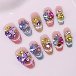 TEMU 10개 중형 오벌 핸드메이드 프레스온 네일 키트, 컬러풀 인조네일, 라인스톤 슈가, 탈부착 및 재사용 가능, 젤리 글루 1개 & 네일 파일 1개 포함, 여성용, 데일리, 오피스, 학교, 데이트, 파티, 연인 선물|네일팁