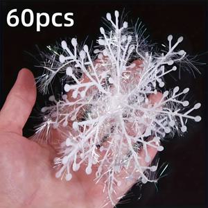 TEMU 60개 흰색 눈꽃 참 - 축제 분위기의 크리스마스 트리 장식, 겨울 파티 & 홈 데코에 완벽, 전원 공급 불필요, 내구성이 뛰어난 폴리에스터 소재, 크리스마스, 할로윈, 새해 축하 행사, 크리스마스 장식에 이상적