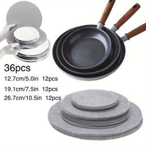 TEMU 36개 원형 펠트 트레이 팬, 식기 보호 패드, 식기 보관 칸막이. 36개 원형 펠트 스크래치 방지 보호 패드. 새해 및 크리스마스 필수품. 식기, 보관 용품 및 프라이팬 보호를 위한 3가지 사이즈로 제공.