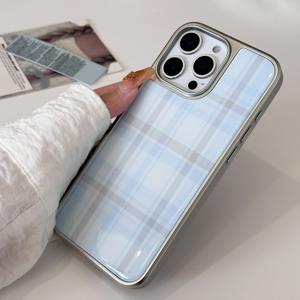 TEMU 휴대폰 케이스 - 라이트 블루 체크무늬, 은색 테두리, iPhone 17 Pro Max 케이스, 17 Air/11 16 Pro Max/16/15 Pro Max/15 Plus/15/14 Pro Max/14 Pro/14/13/12/11/X/Xr/Xsmax 신형 모델 호환, 충격 방지, 재질 소재