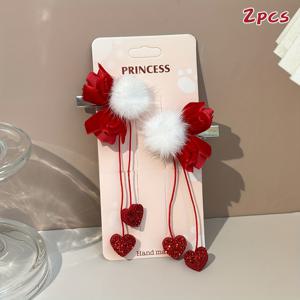 TEMU 2개 세트 레드 스위트 헤어 클립 - 플러시 볼 & 플라워 디자인, 긴 꼬리, 글리터 하트 펜던트, 여성용 스타일리시 헤어 액세서리, 데이트, 데일리웨어, 파티룩에 완벽한 장식용 헤어 액세서리