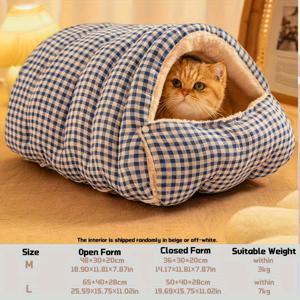 TEMU 겨울용 동굴형 고양이 침대 - 반밀폐형 분리형 고양이 침대 (겨울 보온). 대형 & 두꺼운 보온 하우스 (강아지 & 고양이). 성묘 1마리/새끼고양이 2마리용, 5가지 색상 (녹색/파란색/검정색/분홍색/오렌지 체크). 3-7kg 고양이용