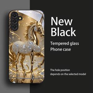 TEMU 휴대폰 케이스 - 삼성 갤럭시 S 모델 및 A 모델 전체 시리즈용 골든 호스 앤 강화 유리 휴대폰 케이스. 지문 방지, 고화질, 전체 커버리지, 남녀 모두에게 적합한 스타일리시한 디자인 특징.