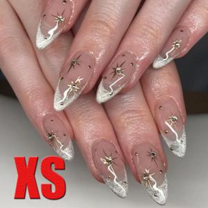 TEMU 10개입 롱 아몬드형 심플하고 세련된 아크릴 인조네일 - 프렌치 실버리 글리터 엣지 & 고급 패턴 인조네일 - 데일리웨어 & 특별한 날을 위한 아름다운 인조네일|네일팁