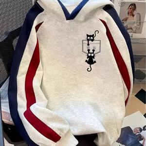 TEMU 미국 스타일 레트로 뉴 포켓 고양이 프린트 긴팔 후드 플리스 스웨트셔츠 여성용 가을/겨울 루즈핏 캐주얼 게으른 스타일 다용도 패션 컬러 블로킹 후드티