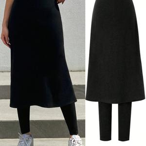 TEMU 2피스 스트레치 레깅스 스커트 세트 - 레깅스 한 켤레 + 스커트 한 벌, 캐주얼 하이웨이스트 타이트핏 레깅스, 사이클링용