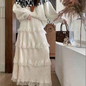 TEMU 여성용 화이트 레이스 스플라이스드 스커트, 가을/겨울 케이크 스커트 탄력성 하이웨이스트 A라인 롱 스커트