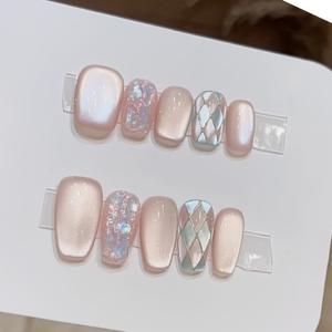 TEMU 10개입 핸드메이드 숏 스퀘어 프레스 네일 - 여성용 핑크 & 그라데이션 캣아이 체크/한국식 글리터 인조네일 - 귀여운 숏 길이 데일리웨어, 발렌타인데이 선물, 봄 여름 매니큐어