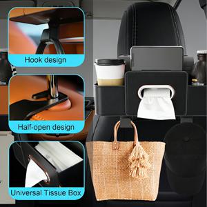 TEMU 차량용 시트 등받이 정리함 | 티슈 홀더 & 조절 가능한 후크, 간식/음료/휴대폰 보관을 위한 듀얼 수납 공간, 초강력 ABS 소재 보관 상자, 컴팩트한 차량용 범용 디자인