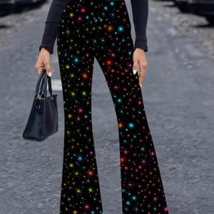TEMU [발렌타인데이] 여성용 플레어 팬츠, 컬러풀 스타 프린트, 하이웨이스트 스트레치 와이드 레그 팬츠, S 사이즈, 캐주얼 웨어, 파티, 70년대 디스코 스타일, 편안하고 부드러운 소재 - 슬림핏 플레어 팬츠