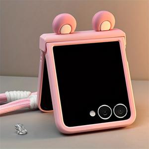 TEMU 삼성 갤럭시 Z 플립7/플립6/Z플립5/4/3용 귀여운 카툰 3D 귀 디자인 브래킷 매트 폴딩 폰 케이스 - 스타일리시 솔리드 컬러 안티폴딩 PC 하드 백커버 + 나일론 끈 포함|폰케이스|케이스